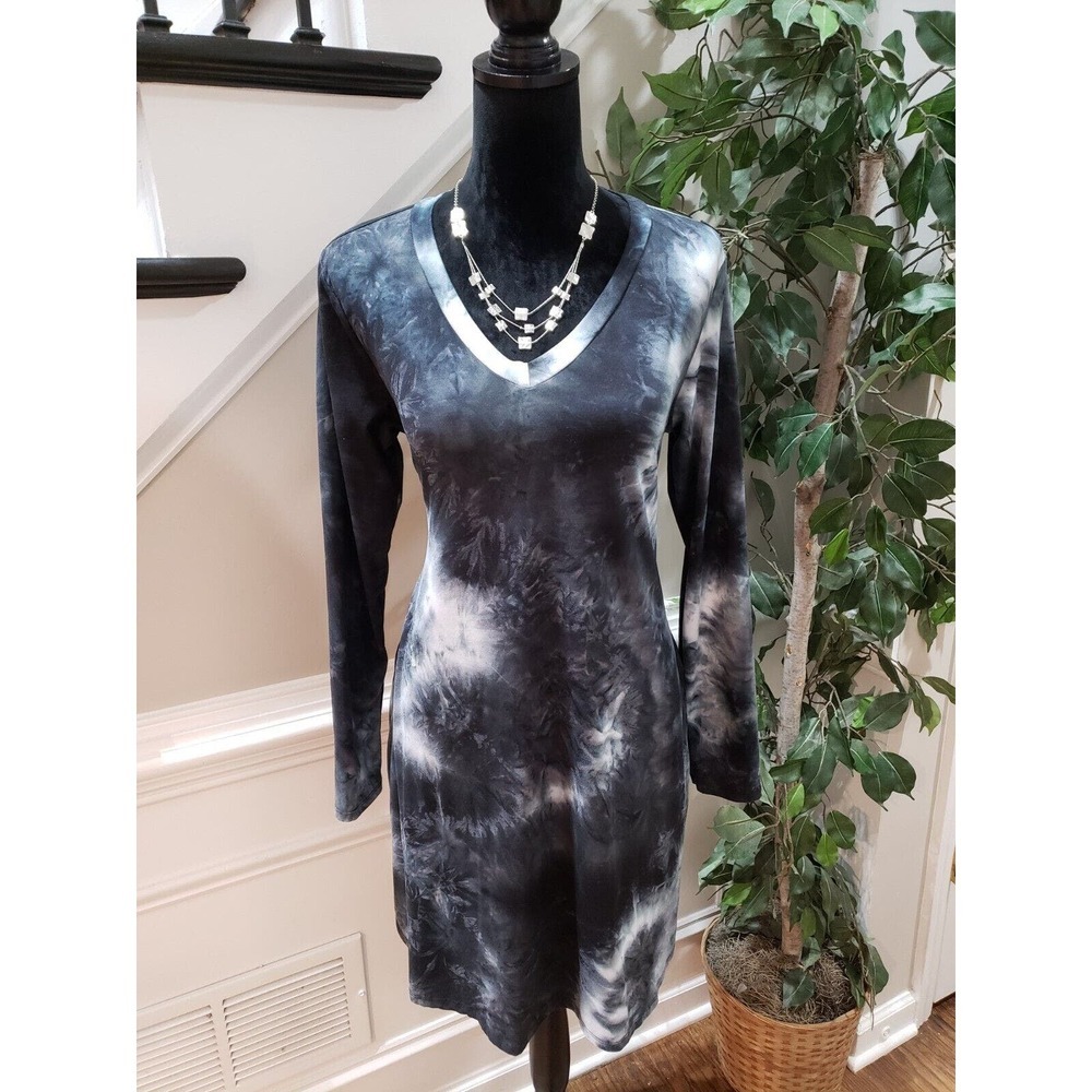 Dress Up Black & White Tie Dye Rayon V-Neck Long Sleeve Knee Length Dress Small